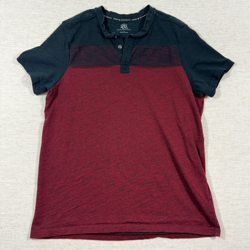 Rock & Republic Henley Shirt Mens Large Red Good Colorblock Short Sleeve Slub